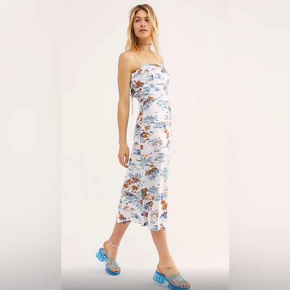 Free People White Tropical Print Slip Dress with Blue and Brown Accents - Picture 4 of 14